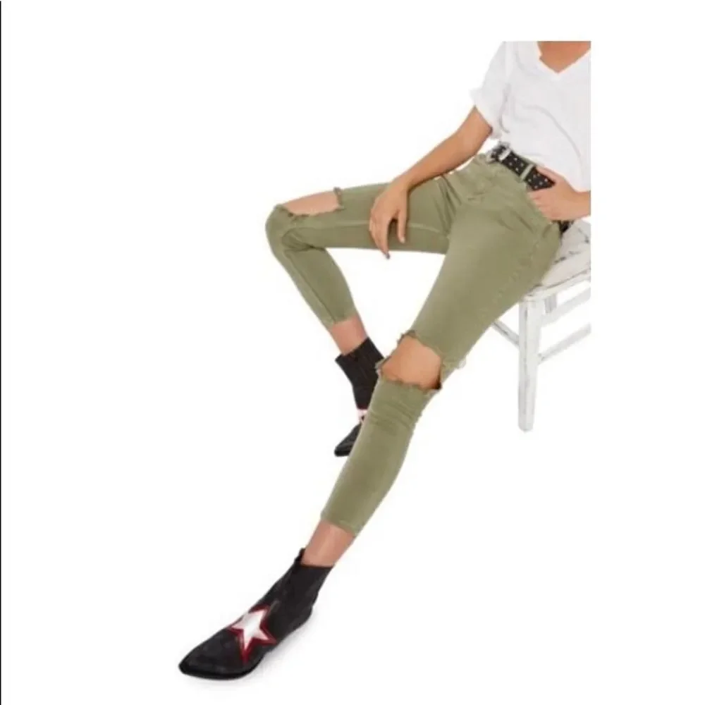 Free People Moss Green High-Rise Busted Knee Skinny Jeans 26